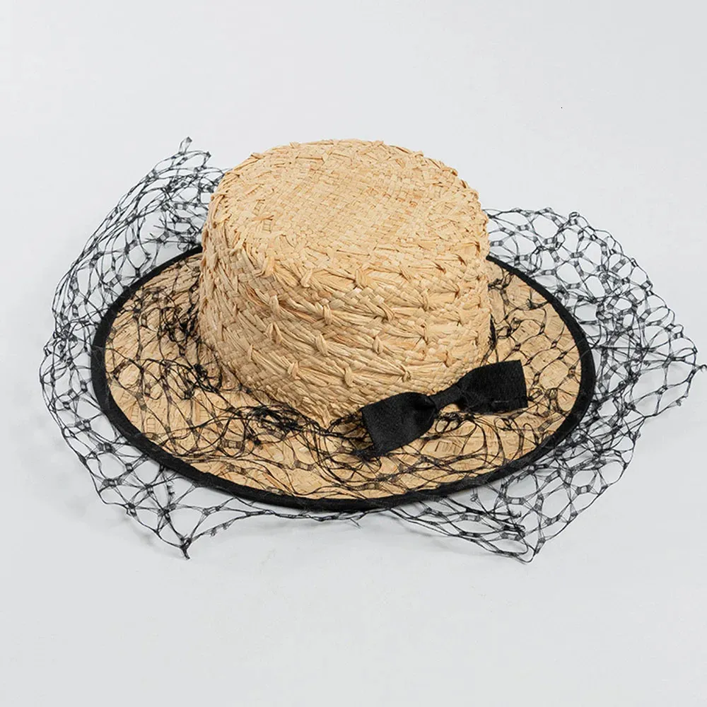 Kobiet fascynator słomy czapki szerokie grzbiet sun hat Summer Fedora Bowknot Veil Netting Party Church Derby Wedding 240401