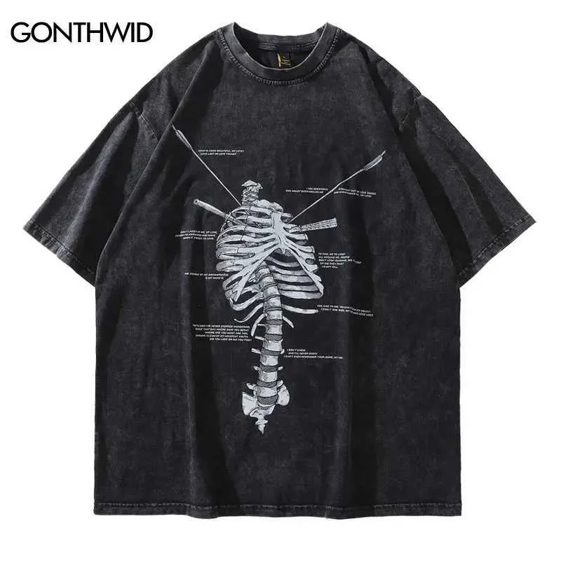 Men's T-Shirts Hip Hop Tshirt Streetwear Men Skeleton Skull Printed Distressed T Shirt 2022 Summer Harajuku Oversize Washed T-Shirt Top Tees J240409