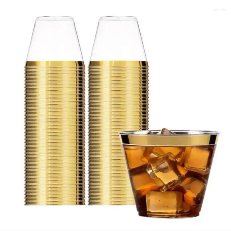 Tasses jetables Paies à la maison Party de vacances Gold Silver Rose Plastic Cup 9 oz Verre de vin dur 5pcs