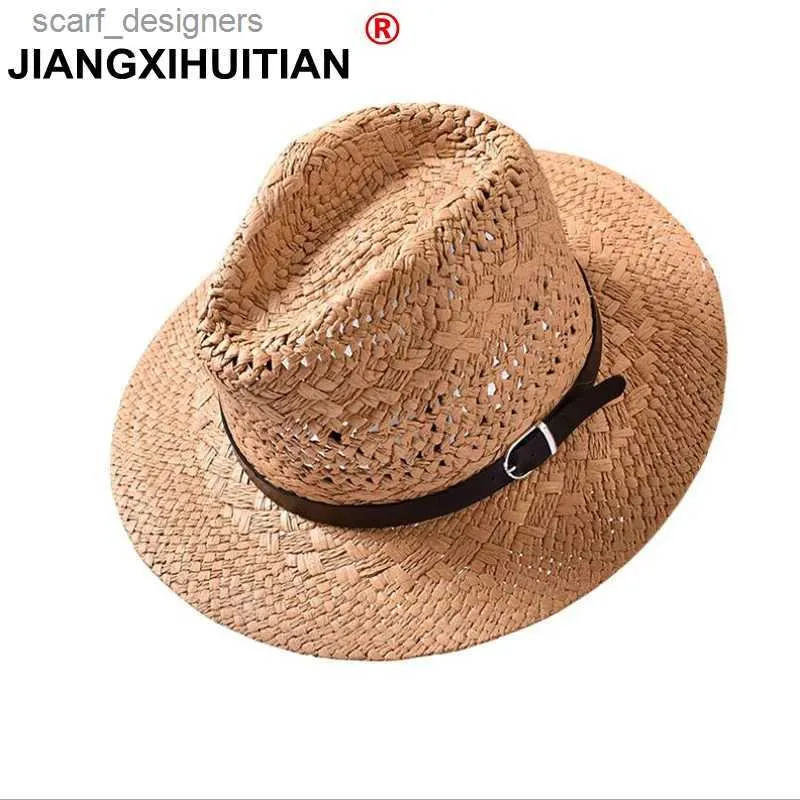 Wide Brim Hats Bucket Hats jiangxihuitian Brands 2018 new Summer Hats for Women Casual Solid Straw Hat Panama Cowboy Caps Men Hollow Out Belt Beach Sun Hat Y240409