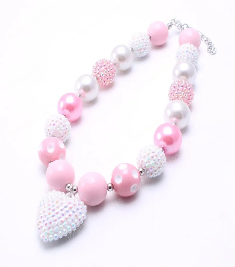 Love Heart Pendant Baby Kid Chunky Necklace PinkWhite Girl Kids Bubblegum Chunky Bead Necklace Children Jewelry1023666