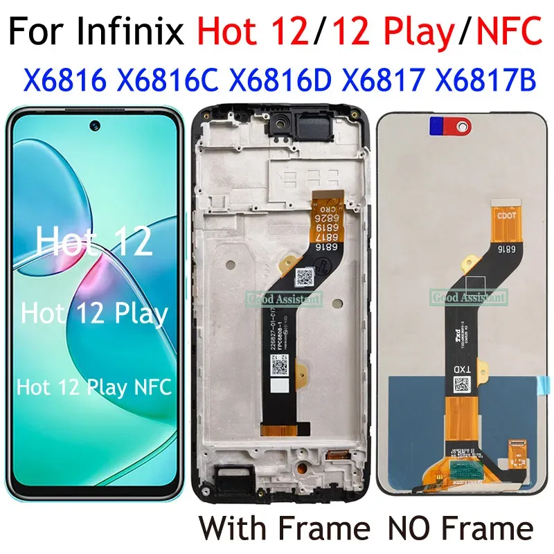 Svart 6,82 tum för Infinix Hot 12 Hot 12 Spela NFC X6816 X6817 LCD Display Pekskärm Digitizer Panel Assembly / With Frame