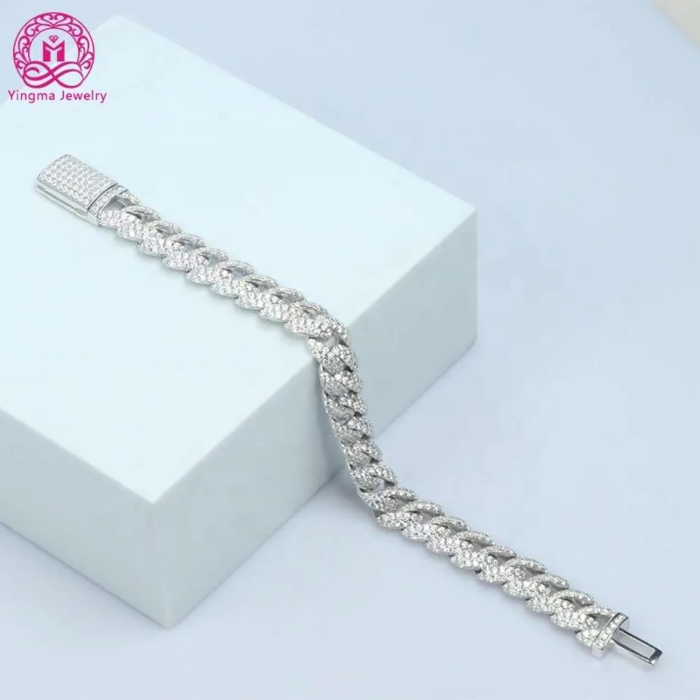 VV VV VVS YMBC-10 mm Iced Out Moisanite Diamond Sier White Gold Color Couban Chain Bracelet