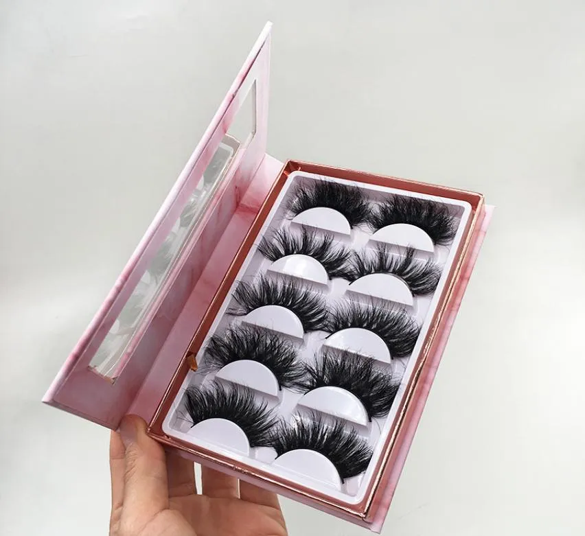 Coussins de vison 5D Natural 5D 5 Pairs Lashs Book Book en marbre rose avec des cils de vison 3D de 25 mm5782081