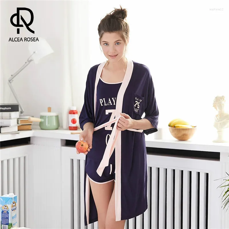 Home Clothing Alcea Rosea Women 3 Pieces Set Pajamas Long Cape Tank Shorts SportsTheme Digital Printing With Drawstring Sleepwear AR1003