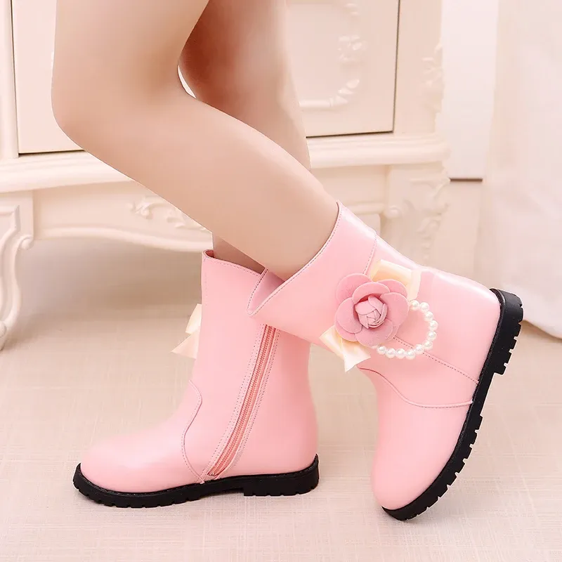 Boots Kids Boots 2022 New Princess Fashion Flower Beads Little Girls Winter Shoes Big Kids Boots 3 4 5 6 7 8 9 10 11 12 alle