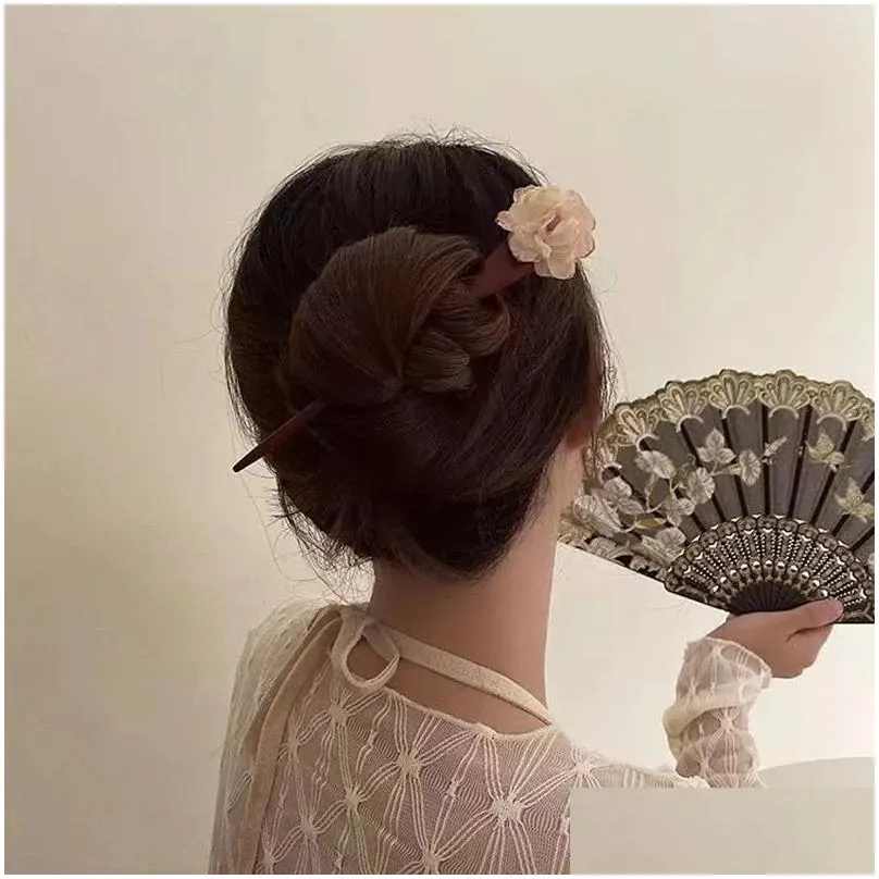 Clips de cheveux Barrettes Sticks vintage Noir Ebonized Wood Pink Flower Chinois Hanfu Accessoires pour femmes 2023