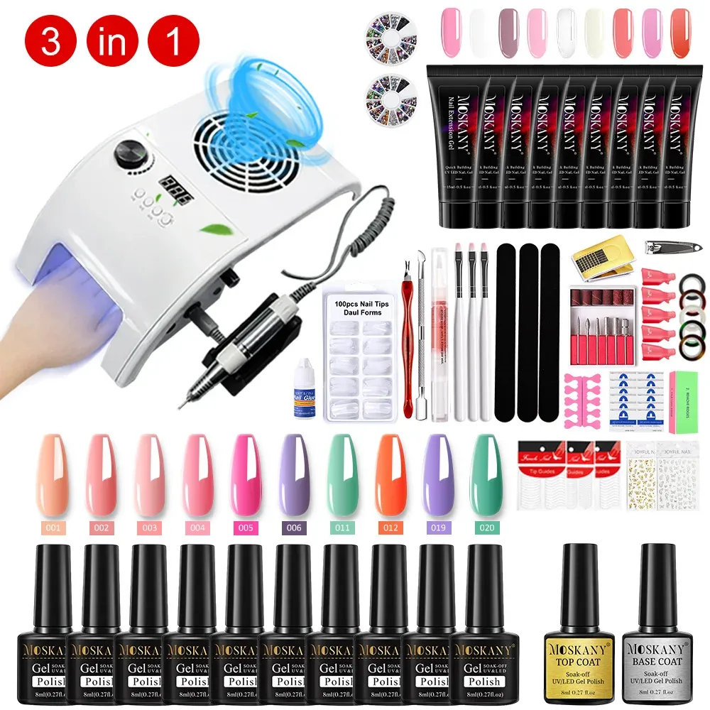 Kits Moskany Nail Set med fullfeatured 140W manikyrmaskin med poly nagelgel 10 färg nagellack En full uppsättning nagelverktyg