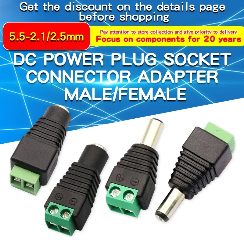1st Male Female DC Connector 2,1 mm x 5,5 mm 2,5 mm x 5,5 mm DC Power Jack Adapter Kvinnlig plugg Male Plug Socket Green