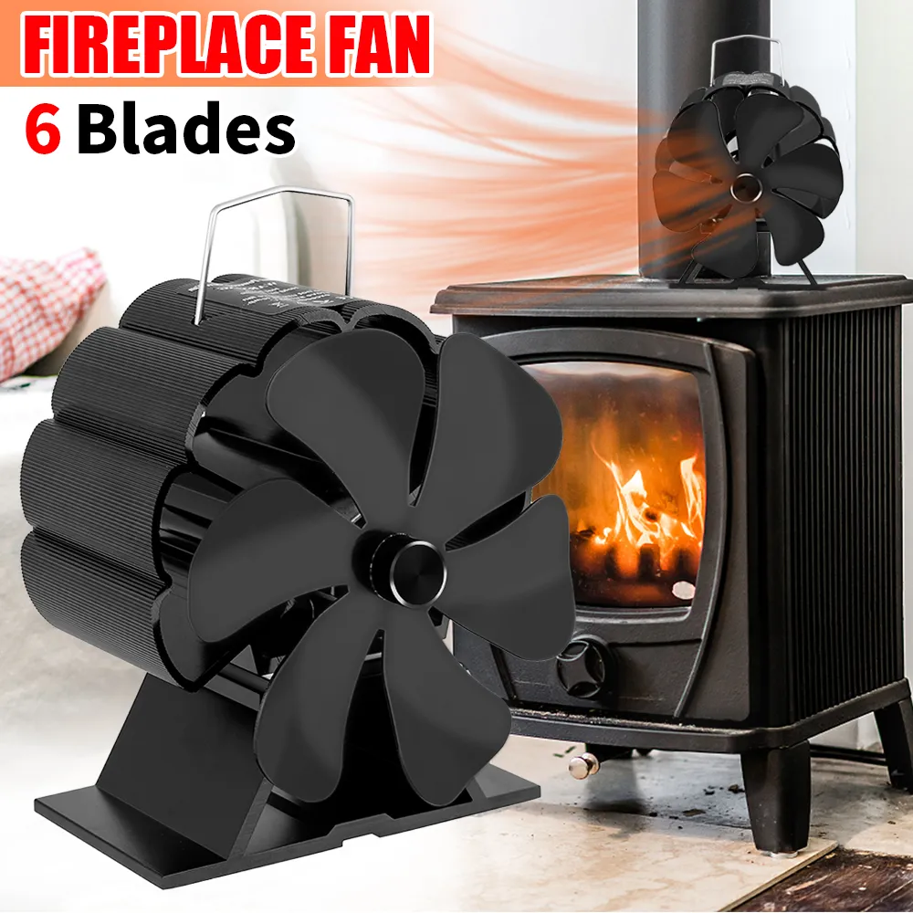 6-Blade Heat Powered Wood Stove Fan - Black Aluminum, Auto-Starts On Heat, For Wood Burning Fireplaces