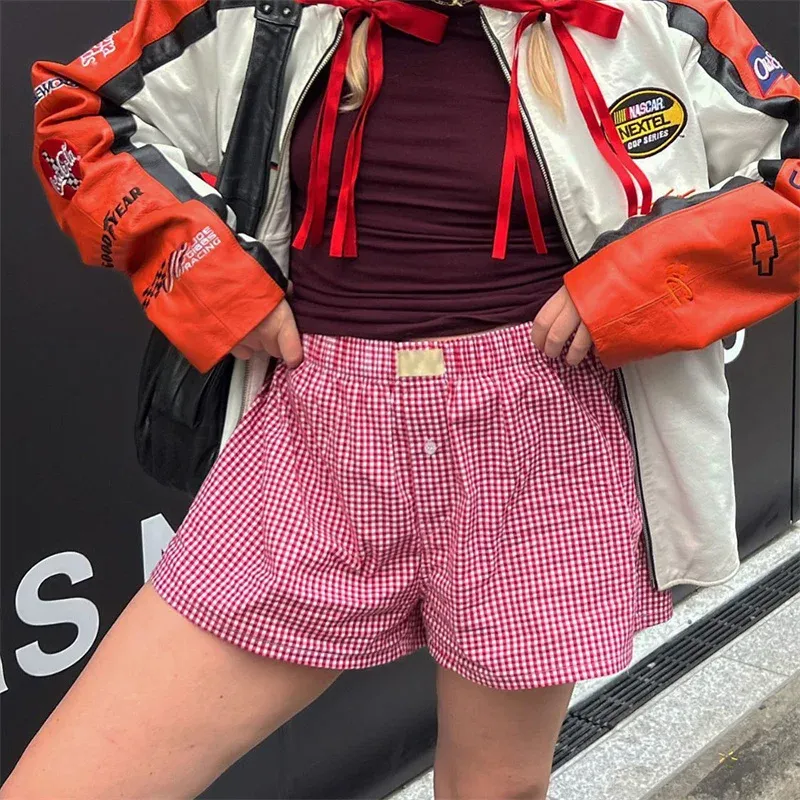 Y2K Plaid High Waist Loose Fit jeans shorts for women for Y2K Plaid High Waist Loose Fit jeans shorts for women for