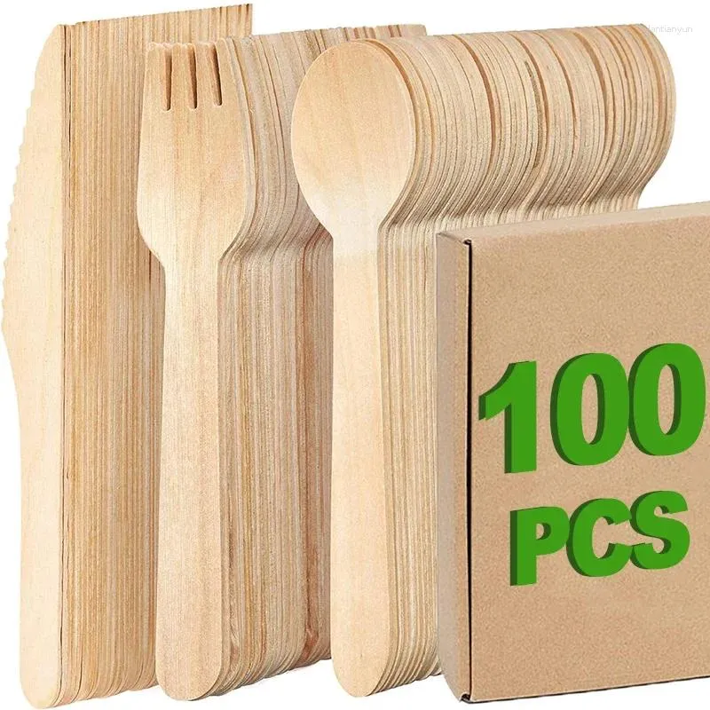 使い捨ての食器100pcs木製カトラリーキッチン調理器具ナイフフォークスプーン食器用デザートのための結婚式の誕生日パーティー用品