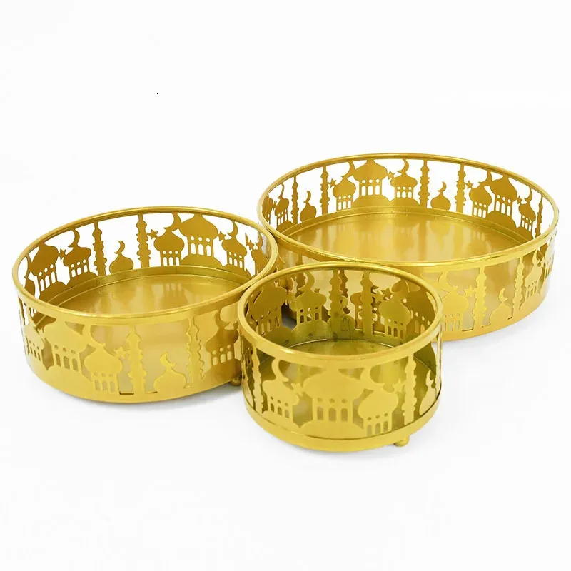 3pcs Ramadan Decor Gold Metal Food Trays Table Ornament Eid Mubarak Islamic Muslim Festival Party Decoration Supplies Gift 240403