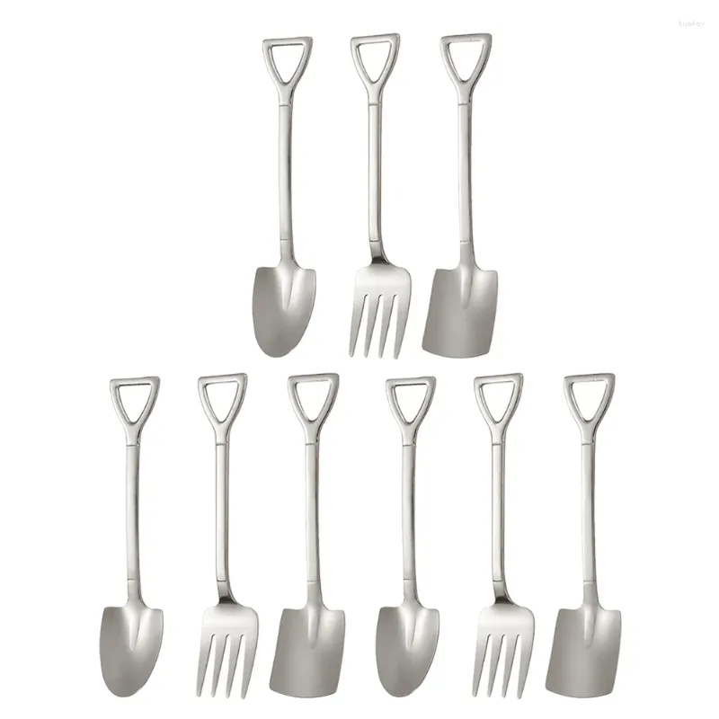 Servis uppsättningar 9 st rostfritt stål gaffel sked set spade design omrörning kaffete dessert kakor bestick för festrestaurang