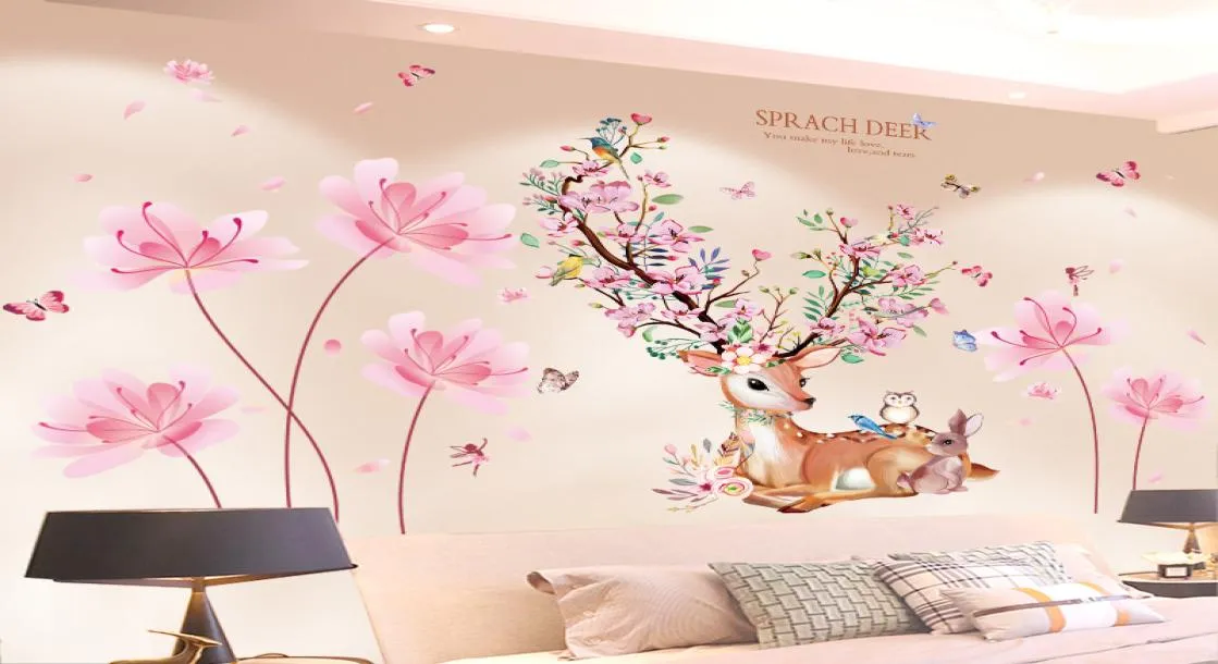 Shijuekongjian Deer Animal Autocollants muraux bricolage Fleurs de plantes de plantes pour la maison pour enfants chambre bébé chambre décoration2544903