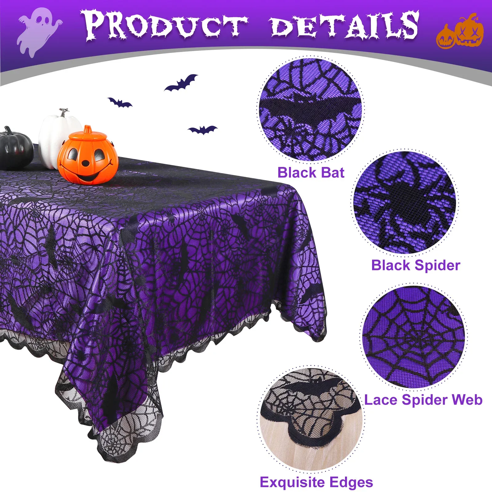 Nappeurs d'Halloween Polyester Rectangulaire Black en dentelle pourpre Purple Couvre de table Web Spider pour décoration de table effrayante