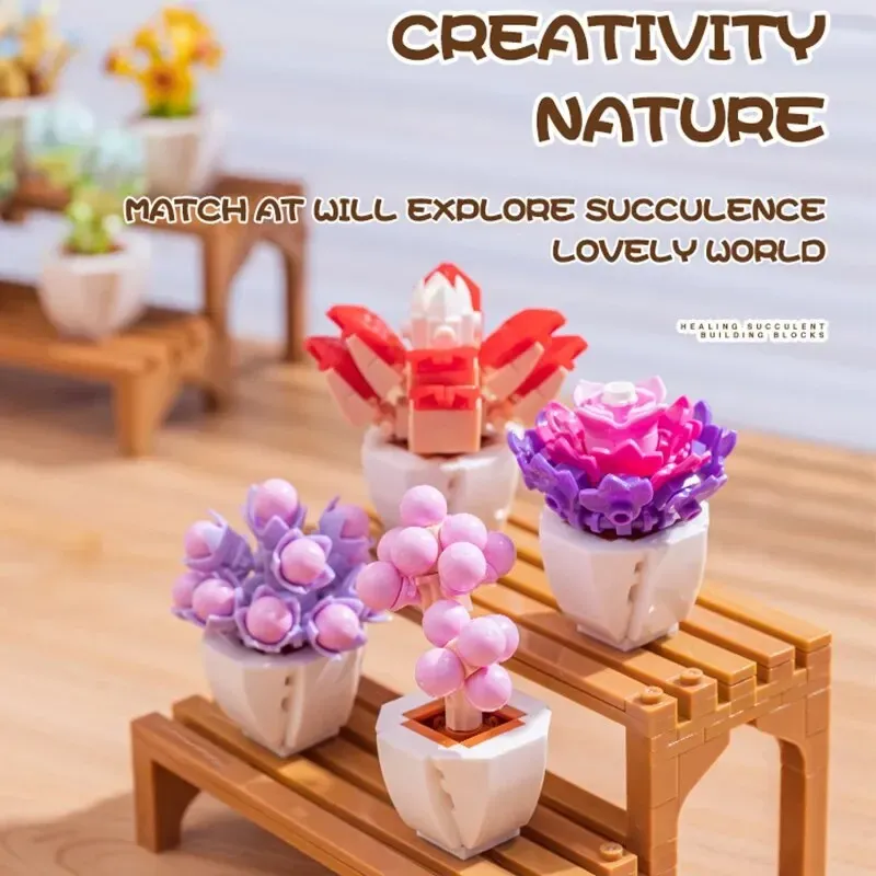 Creative Potted Flower Building Blocks Succulent Bonsai Plant Bouquet DIY Bricks Toys Desktop Ornaments Children Birthday Gifts