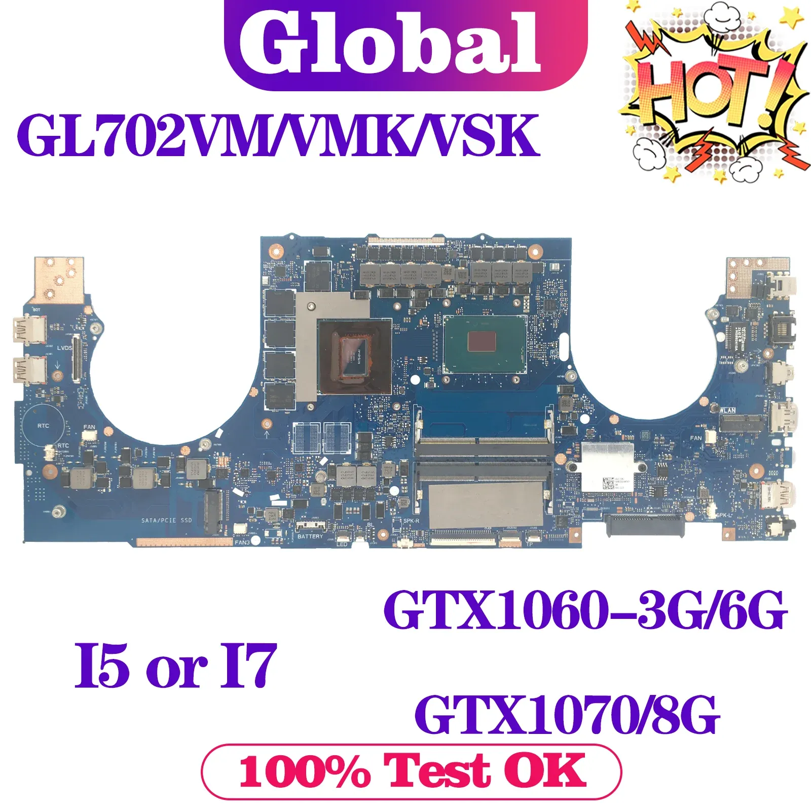 Motherboard KEFU GL702VM Laptop Motherboard For ASUS FX70V GL702VMK GL702VSK GL702VS GL702VML GL702 Mainboard I5 I7 GTX10603G/6G GTX1070/8G