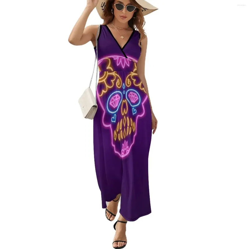 Casual Dresses Purple Neon Skull Dress Street Style Böhmen Long Women Beach Custom Maxi Birthday Present
