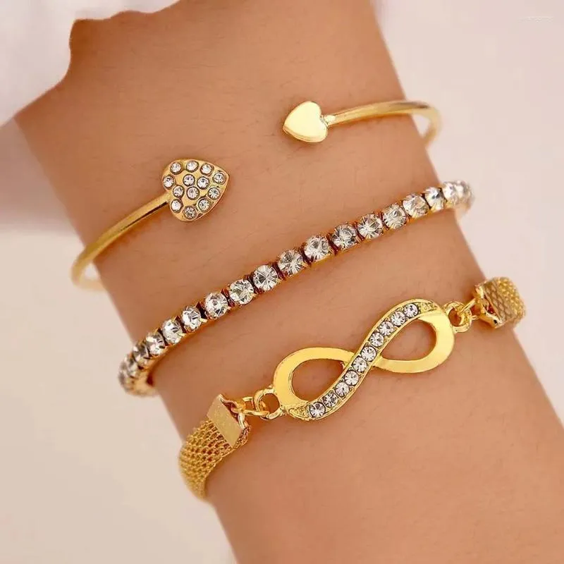 Charm Bracelets 3pcs Fashion Jewelry Bangles Set Trendy Rhinestone Crystal 8-Word Infinity Heart Tennis Chain Bracelet For Women