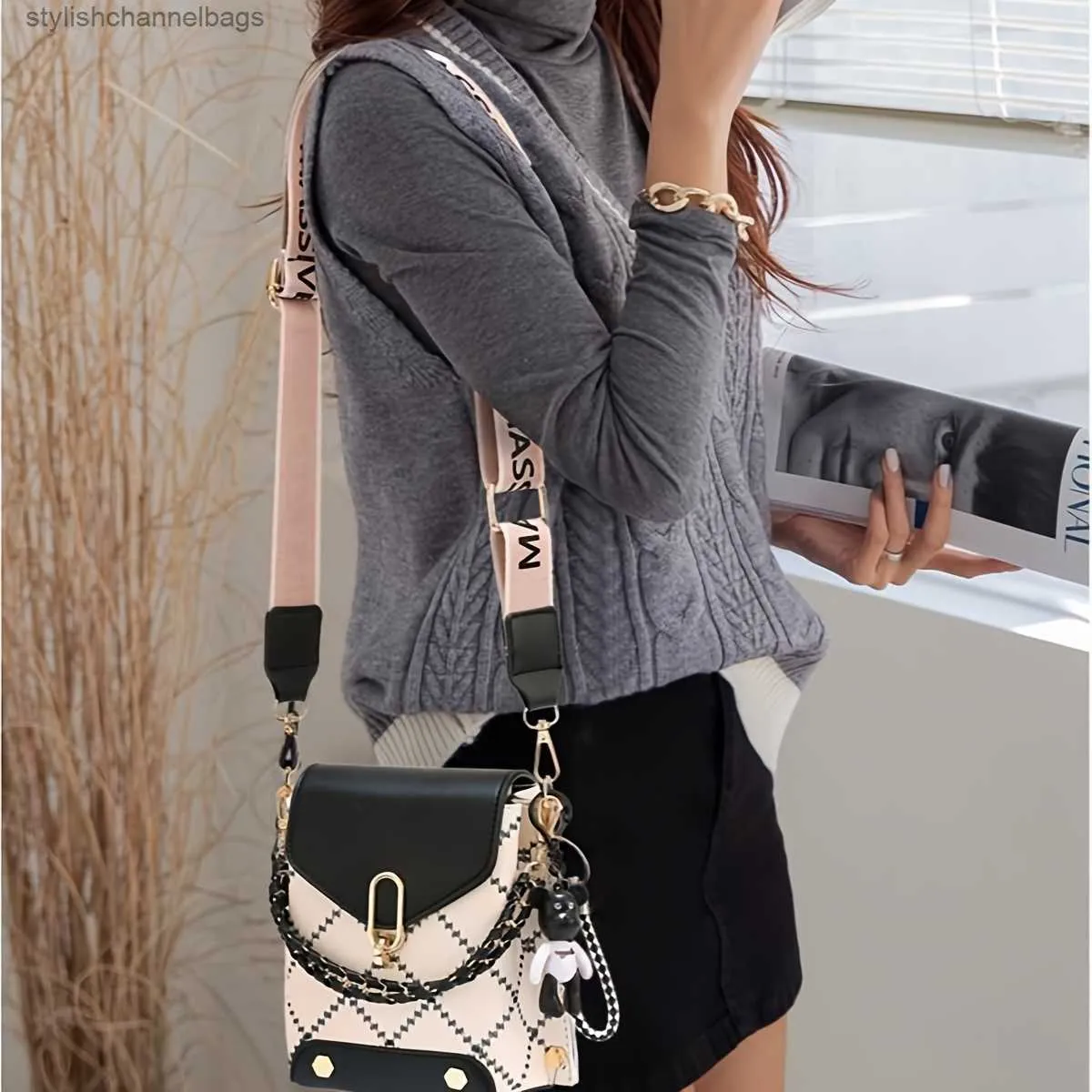 Andere tassen kruisen body dames mini plaid crossbody tas met ketting decor flap mini schouderbeurs klassieke schoudertas met brede schouderband