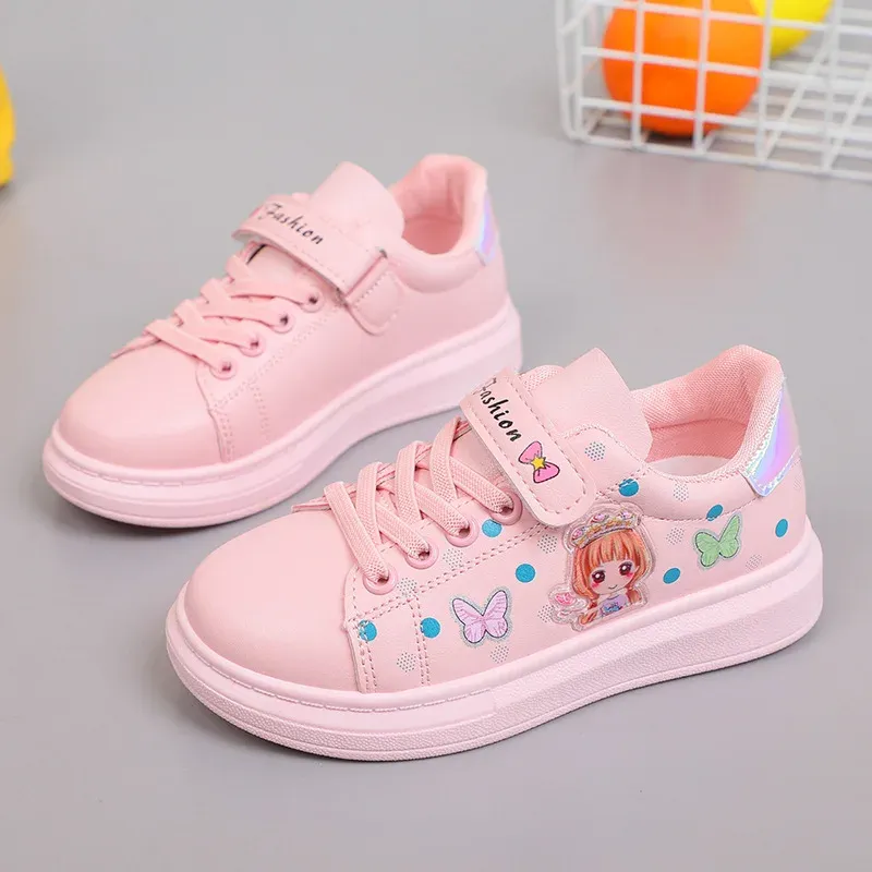 Sneakers Fashion Girls Chaussures Sneakers blancs rose pu cuir enfants Chaussures décontractées Coupte mignon imprimées petits enfants Sport Chaussures pour filles