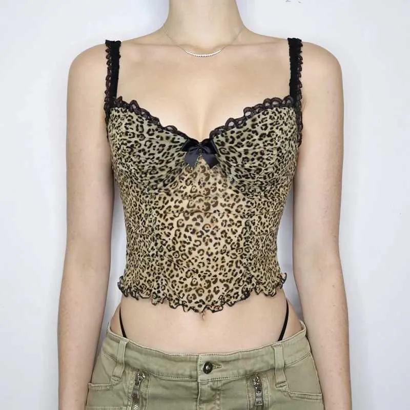 Tanks pour femmes Camis Rockmore Leopard Print Mesh Camis Streetwear Y2K Vintage en dentelle Bow avec des cultures sans dos sans arrière sexy haut de gamme Fiche Mini Tank Top 2024 J240409