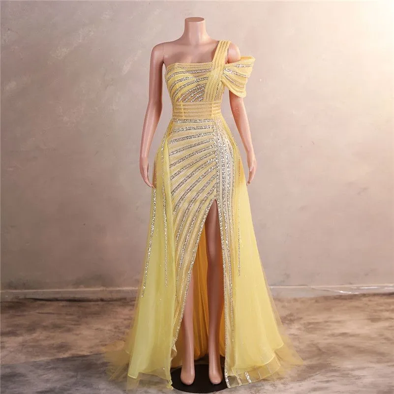 Luxury Beads Sequins Evening Dresses Sexy Side Split One Shoulder Spaghetti Backless Prom Gowns For Women Occasion Wears BM3509