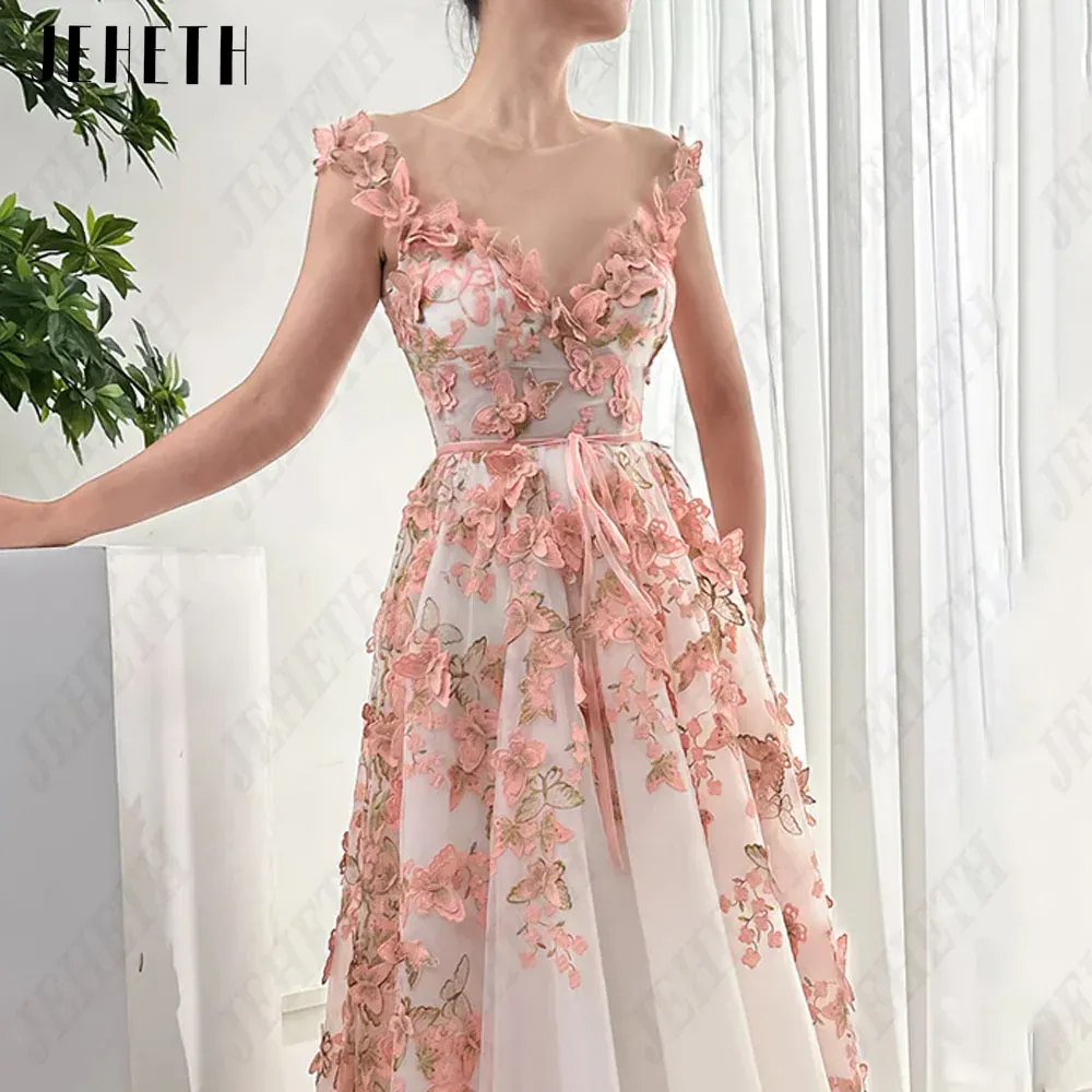 Cap Sleeves Pink Embroidery Lace Prom Dresses Tulle A Line Scoop Neck 3D Flowers Party Gowns 2024