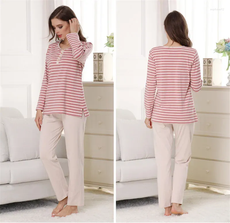 Ev Giyim Moda Sonbahar Kadın Çizgili Pijama Setleri Uzun Kollu Pamuk Gömlek ve Pantolon Pijamalar İki Parça Uyum