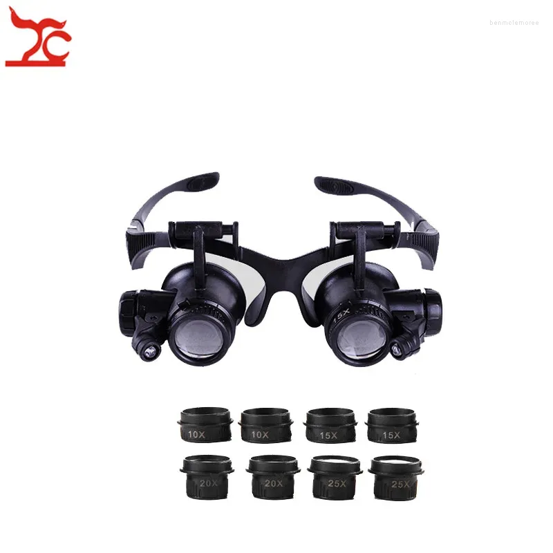 Bekijk reparatiekits professionele verstelbare veiligheid vergrootglas dubbele ooghoofdband bril met 8 lens LED -brillen