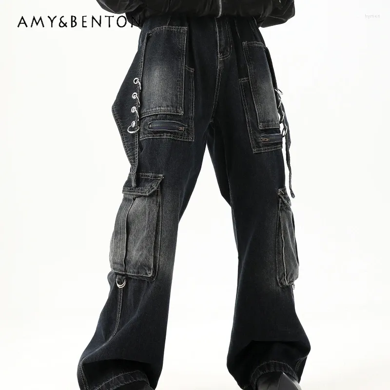 Men's Jeans High Street Street tridimensionnel Multi-Pocket Design Straight Fashionable American Retro Loose Wide jambe drapée pantalon