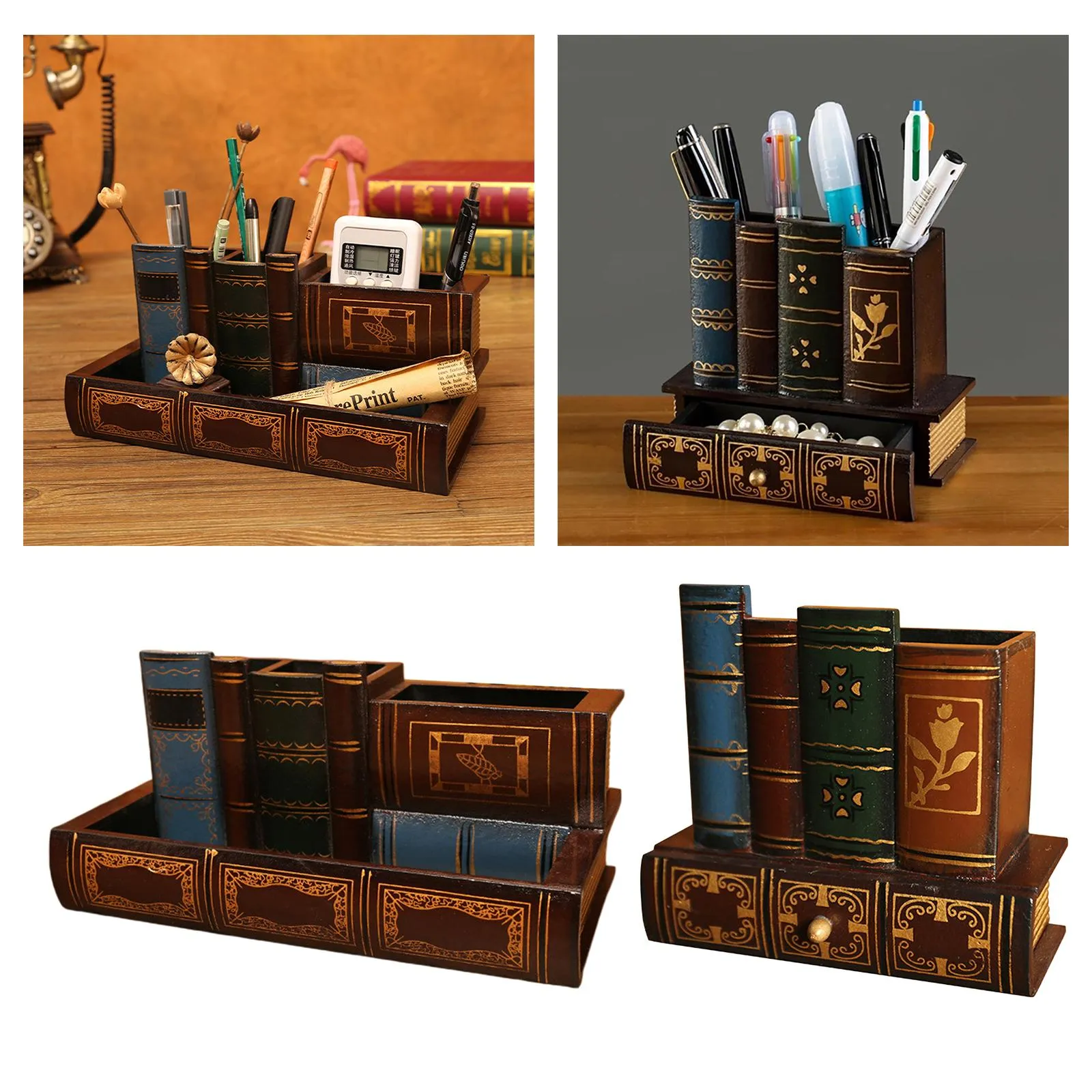 Wooden Pen Holder Book Shaped Multi-Functional Desk Organizer Case Pencils Storage Box Vintage Classroom Table Home for Kids