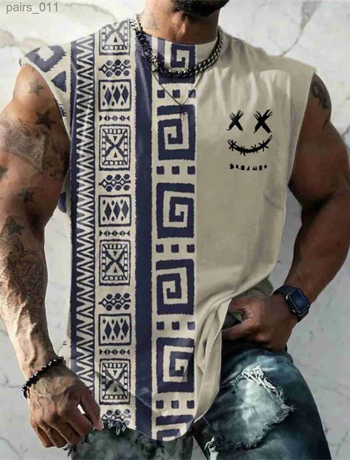 Men's Casual Shirts Summer New Mens Tank Top T-shirt Pattern Tribal Round Neck Clothing Daily Fitness Sports Retro Sleeveless Printed Ethnic yq240409