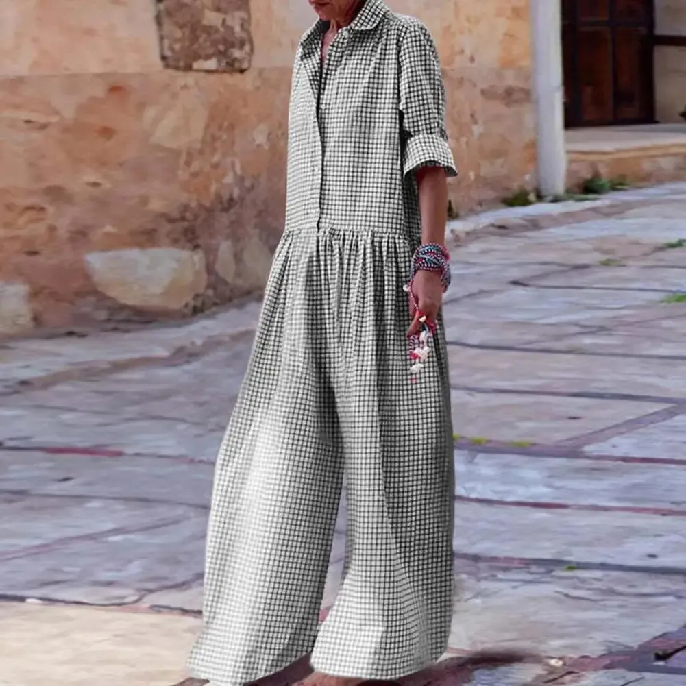 Women Plaid Jumpsuit Check -Drucken mit langem Ärmel Turndown -Kragen für losen Anpassungen One -Stück -Schritt 240409