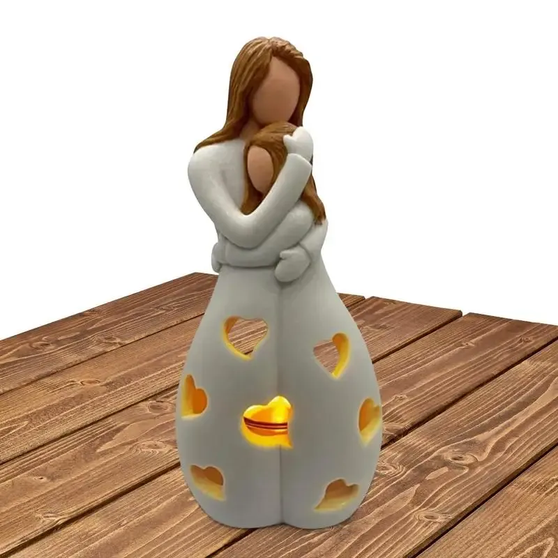 Standing Mother Hugging Daughter Statue Resin Figurines Candlestick Holder With Flickering LED Candle Memorial Gifts