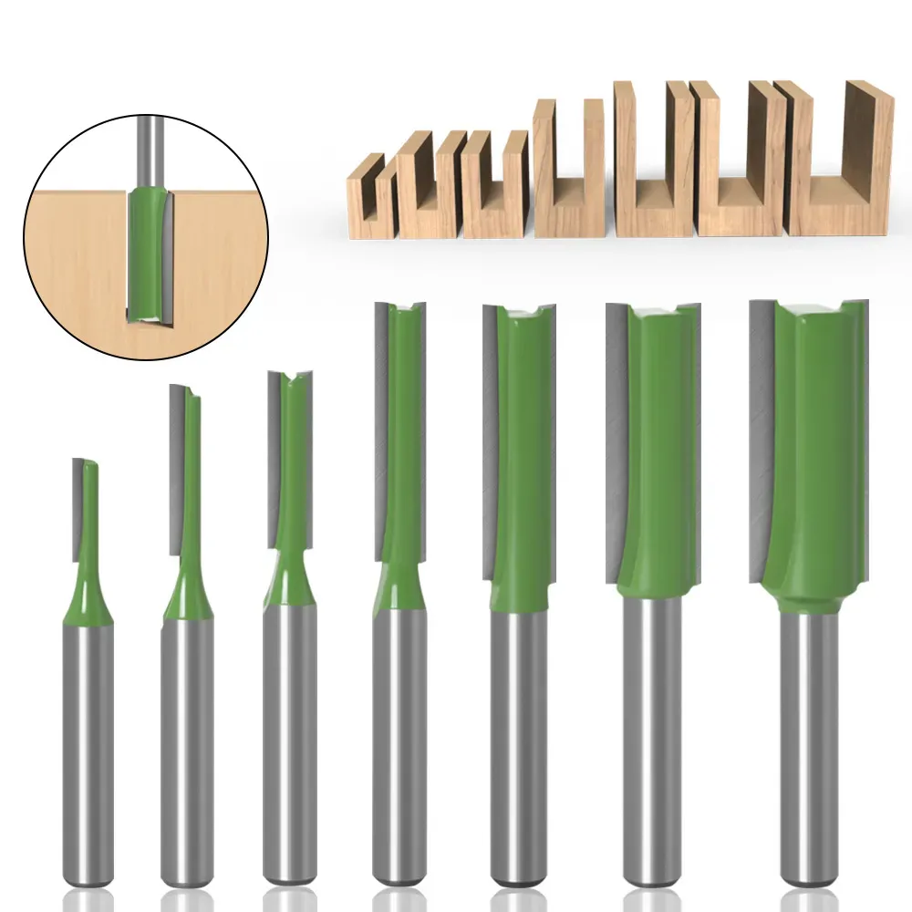 7st Router Bits 6.35mm (1/4 tum) Shank 3 4 5 6 8 10 12mm Bladdiameter Dubbel flöjt för träbearbetning Milling Cutter Tool