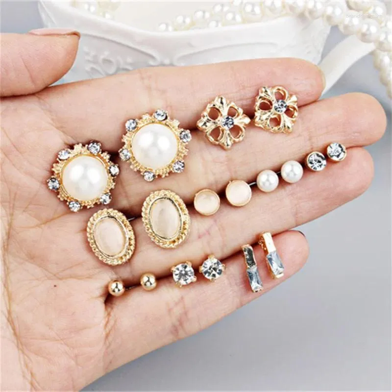 Stud Earrings Vintage Geometric Flower Set For Women Water Drop Imitation Pearl Earring Girls Party Jewelry Gift 9Pairs/Set