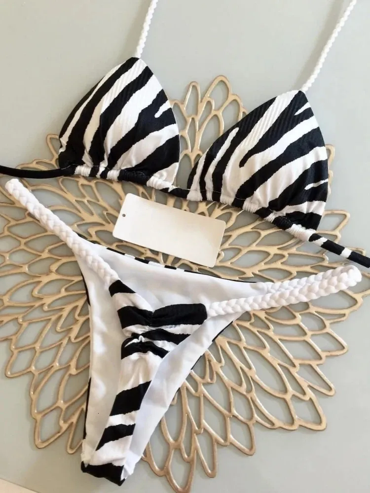 Bikini High Waist Swimsuit Sexy Thong Set zebra Stampa zebra Donne Brasiliana Swimwear 2023 Biquini Swim Bareding Abito 240403