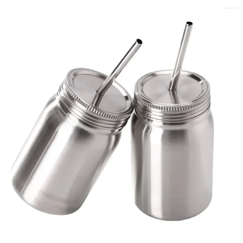 Mugs 2Pcs Stainless Steel Mason Cup With Straw Lid Double Layer Drinking Mug Glass Metal Pudding Jar Suitable For Home Office Travel