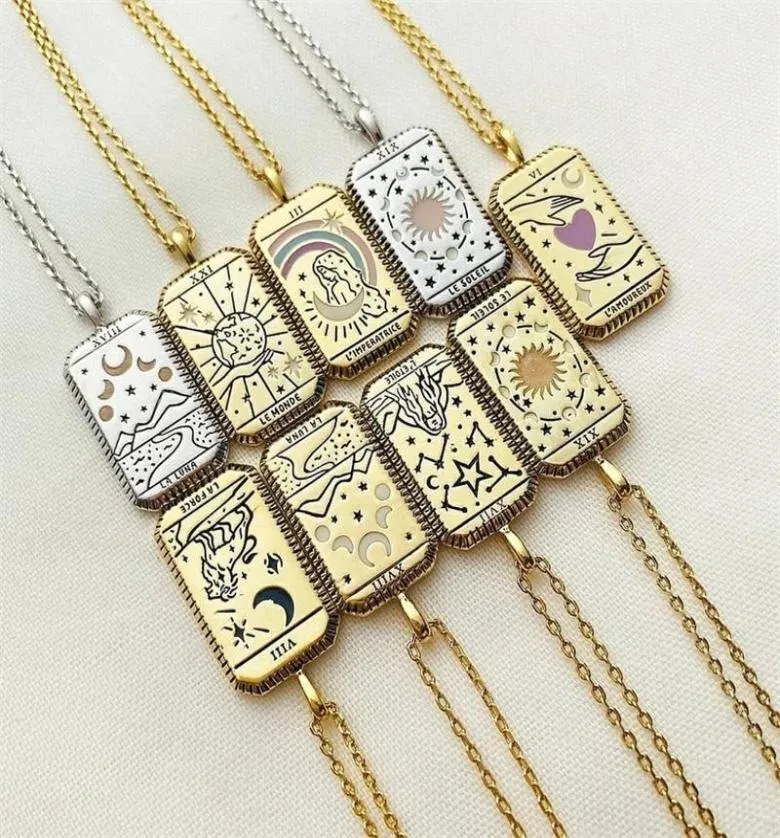 Creative Gothic Tarot Card Retro Women039s 16k Gold Plated Pendant Necklace Square Sun Moon World Love Couple Party Necklaces1158173