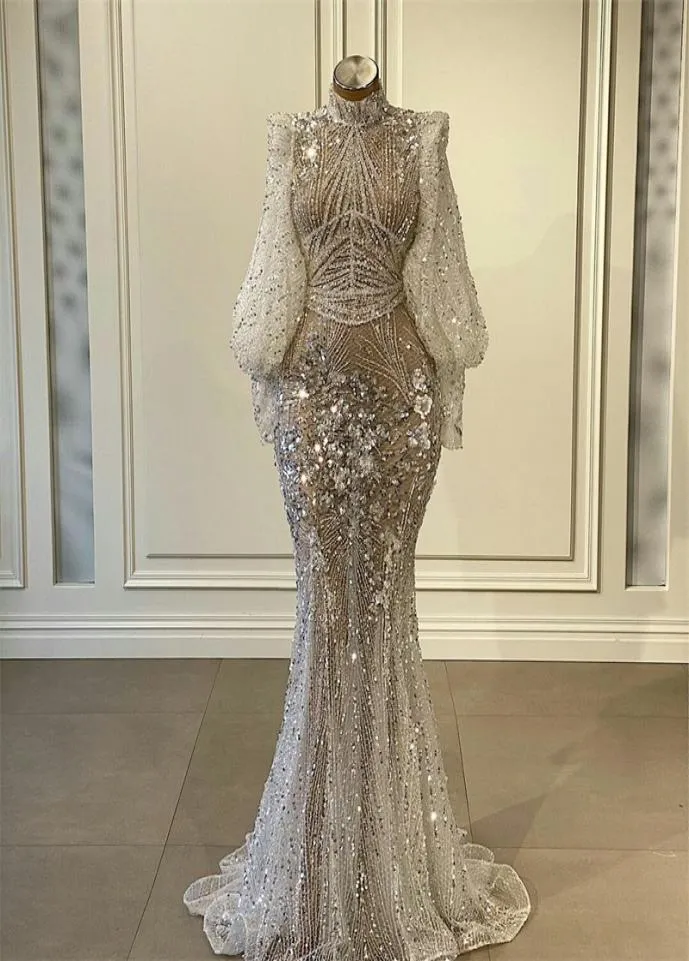 Luxus hohe Nacken -Promkleid weiße Kristall Pailletten Perlen Abendkleider Langarmes Chic Glitter Party Kleid MADE MADEMBEE DE 6236414