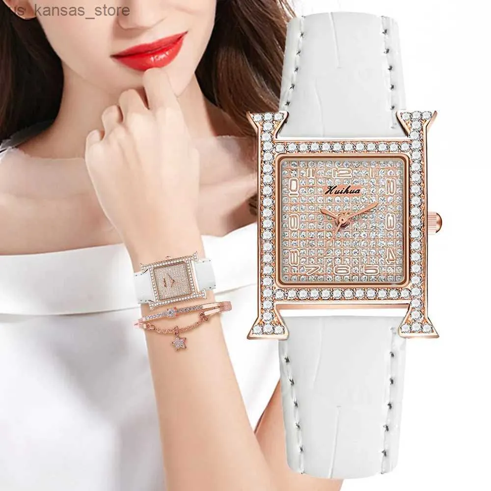 Montre-bracelettes Luxury dames marques Es Fashion Square Diamond pleins de stars Lady Quartz en cuir décontracté Corloges robes