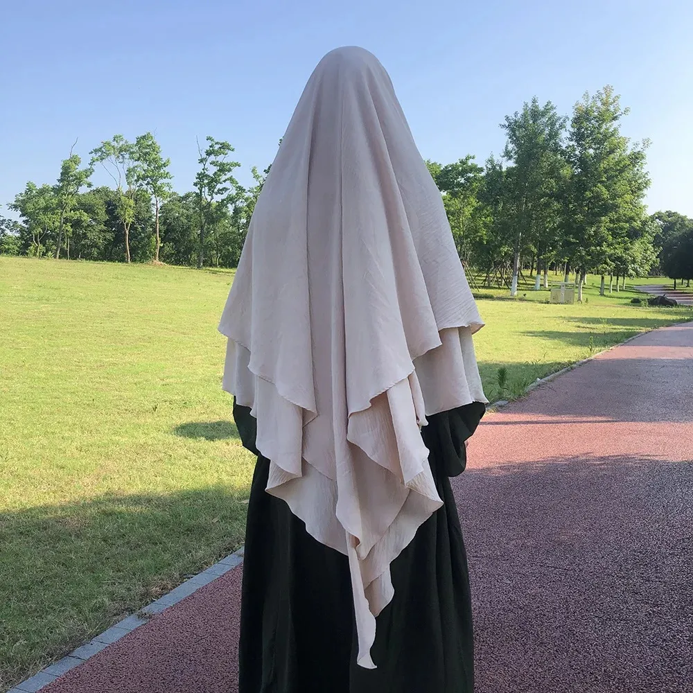 Khimar 2層ジャズクレープダブルレイヤー高品質のイスラム教徒の控えめなファッション祈り長いヒジャーブ卸売イスラム服240403