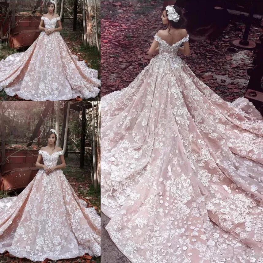 2024 Elie Saab Bohemian Wedding Dresses 3D Floral Handmade Flower Off Shoulder Dubai Arabic Bridal Gowns Sexy Backless A Line Wedding Dress