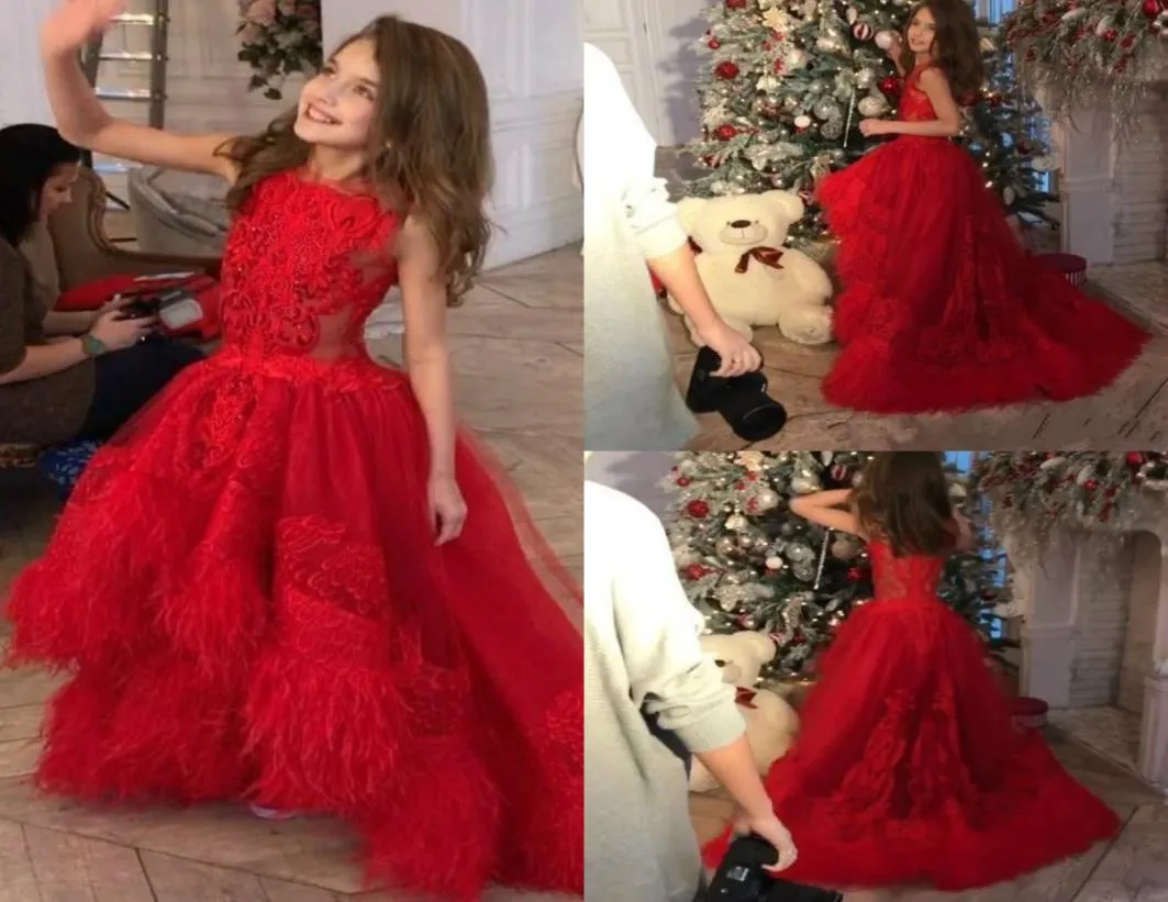 Red High Low Flower Girl Dresses For Christmas Jewel Neck Lace Appliques Feather Girls Pageant Dress Custom Made First Communion G2259976