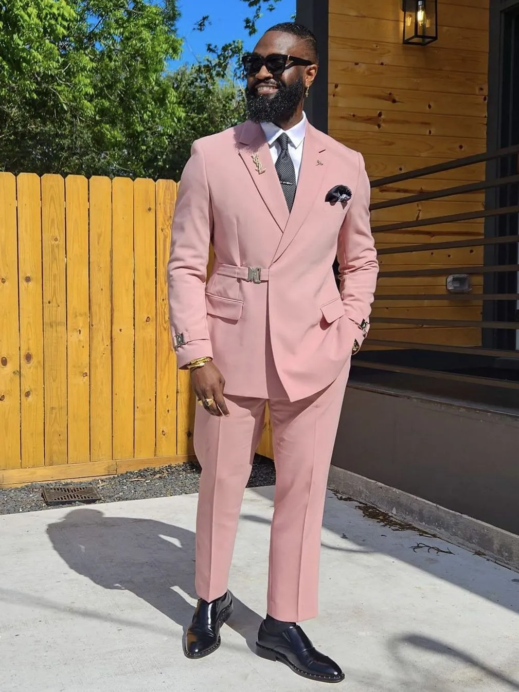 pink groom dress Bride in Blush Pink Lehenga and Groom in White Sherwani, Gold Details, Jewelry