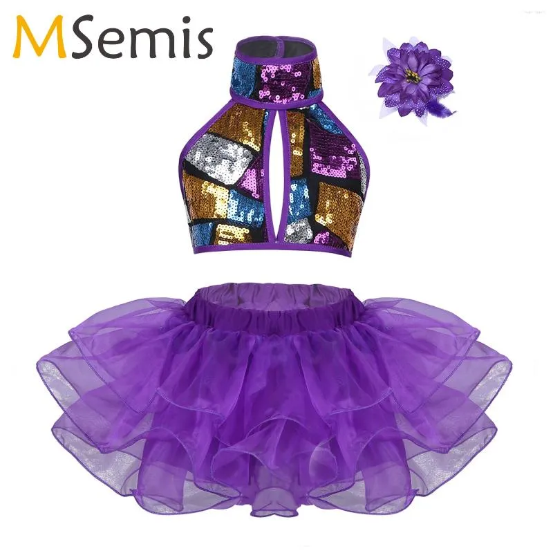 Scene Wear Kid Girls Ballet Dress Jazz Dance Costume Kids Halter Shiny Sequin Crop Top With Tutu Hair Clip Set for Performance