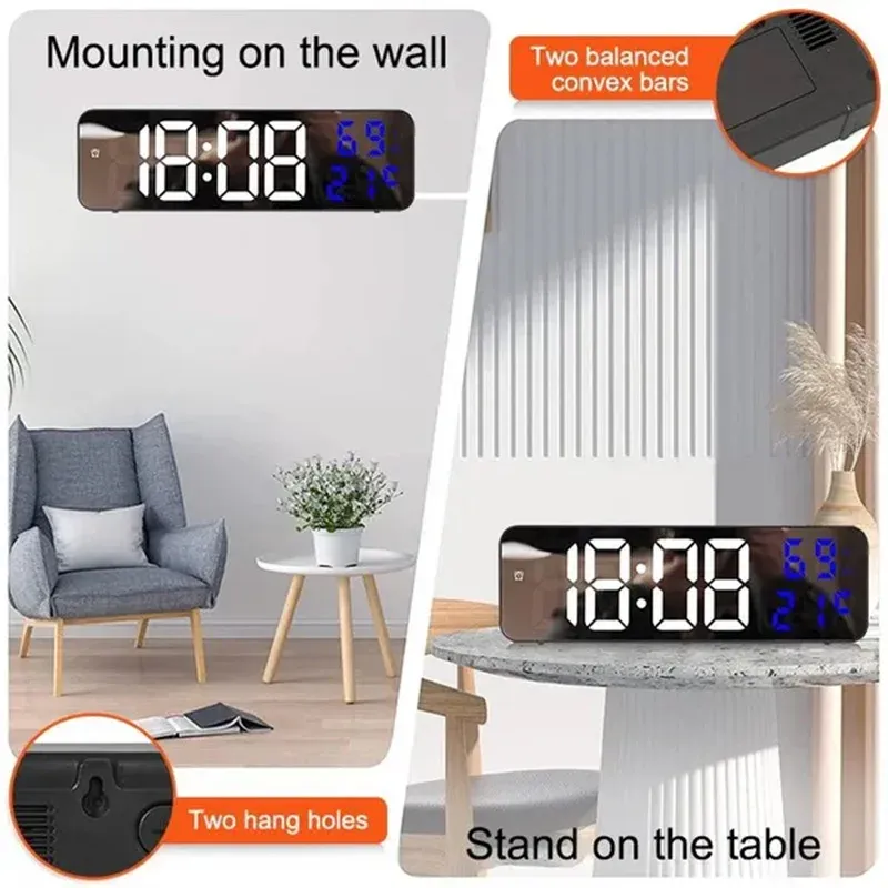 Miroir de 9 pouces LED Grande température de l'horloge murale numérique Date d'humidité Affichage du mode nocturne 12 / 24H