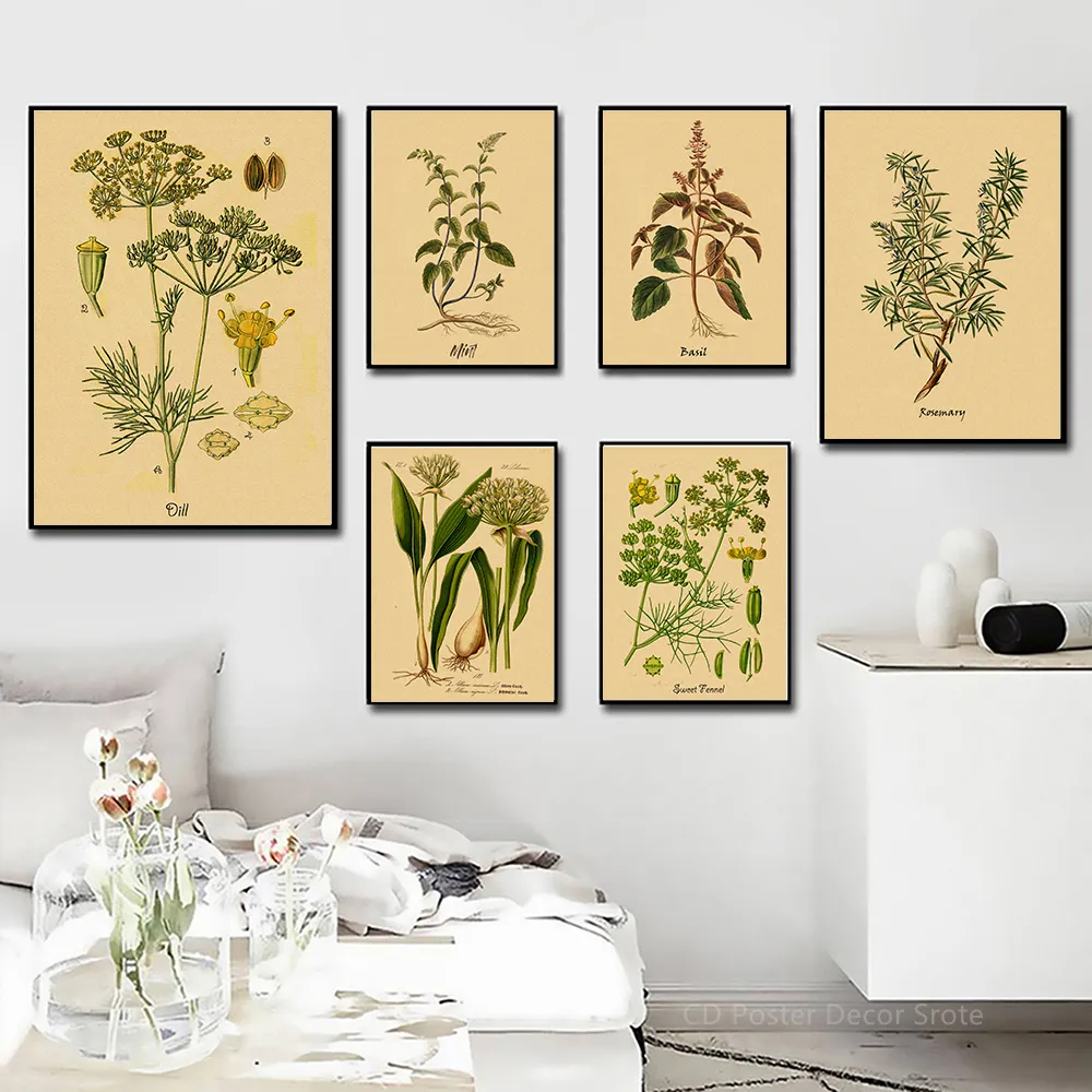 Herbas culinarias Impresiones de carteles Flor Herbal Ilustraciones botánicas Kraft Room vintage Home Home Kitchen Art Decoración de la pared